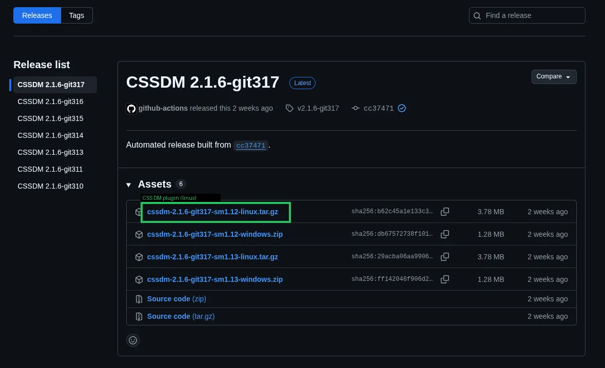 CS:S DM release with the Linux tar.gz highlighted