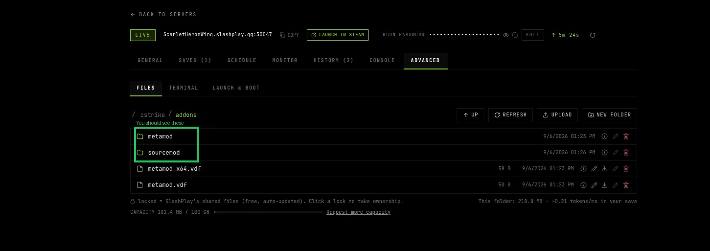 Inside cstrike/addons: metamod and sourcemod folders