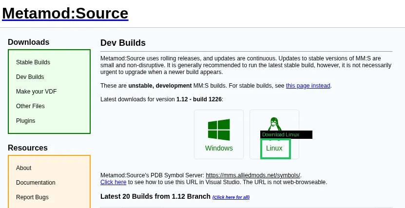 Metamod downloads page, Linux highlighted