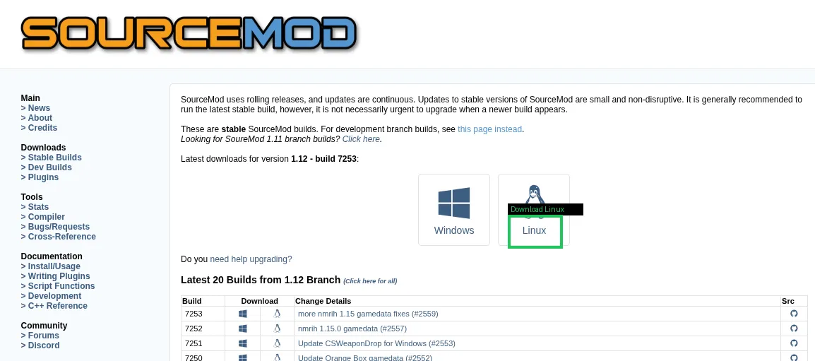 SourceMod downloads page, Linux highlighted